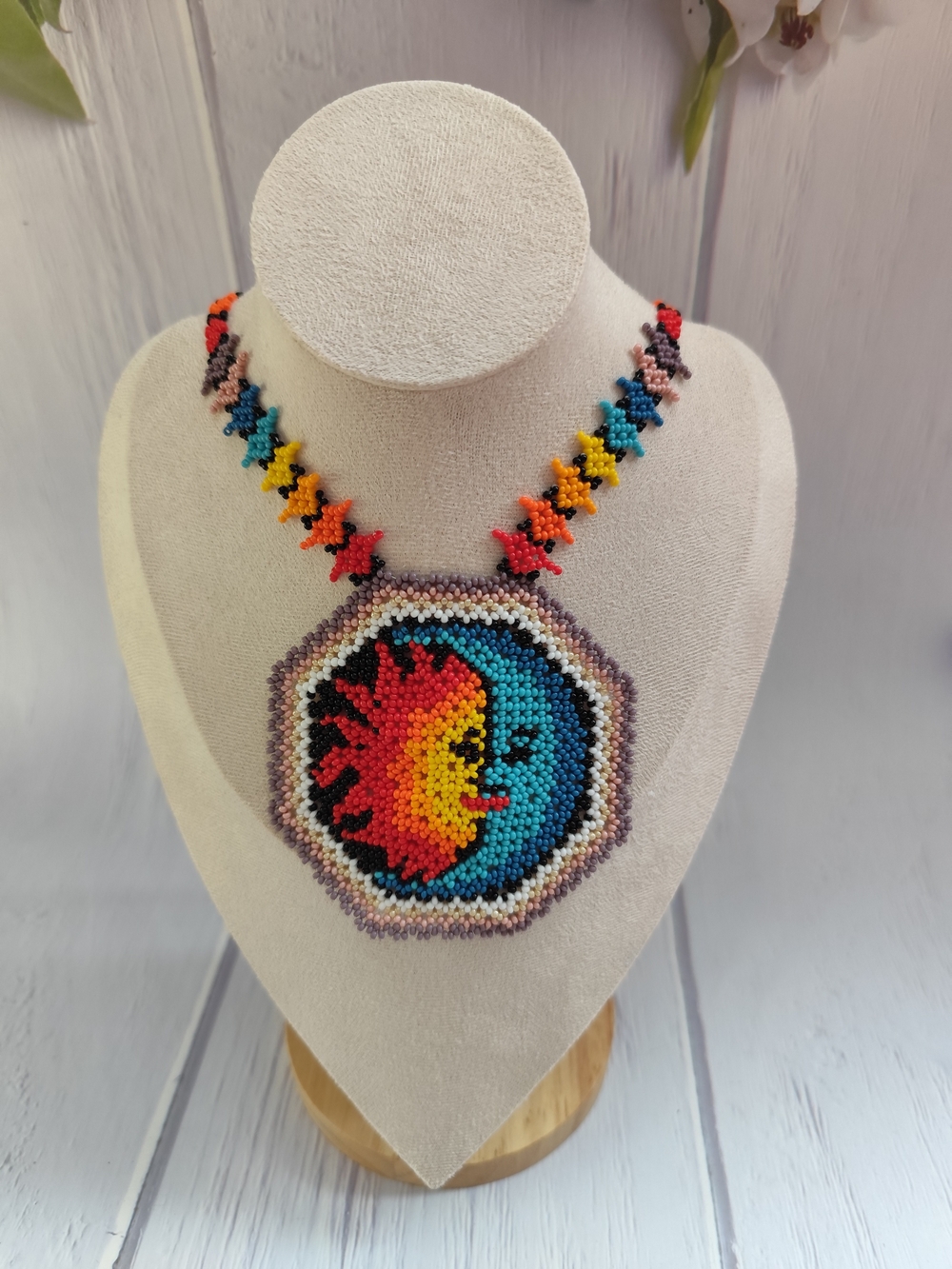Handcrafted Sun & Moon Beaded Necklace in Multicolor - Artisan Jewelry